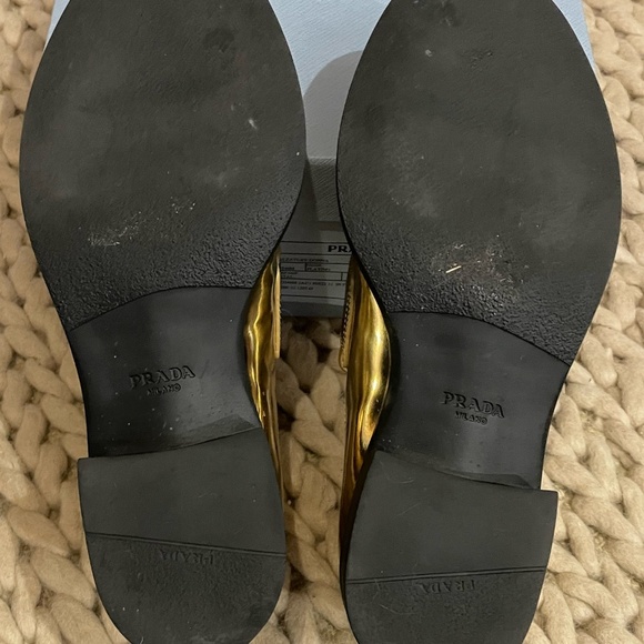 PRADA Triangular Logo Metallic Gold Leather Chocolate Loafers size 39 - Picture 5 of 16
